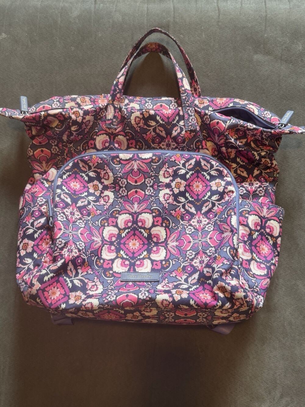 Vera Bradley Floral Medallion Convertible Backpack Tote Travel Bag Pink Purple